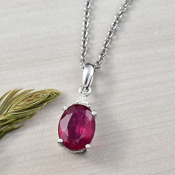 Shop Lc D'Joy Niassa Ruby (FF) And Moissanite 3.75 Ctw Trinity Of Elegance Pendant Necklace In Rhodium Over Sterling Silver 20 Inches