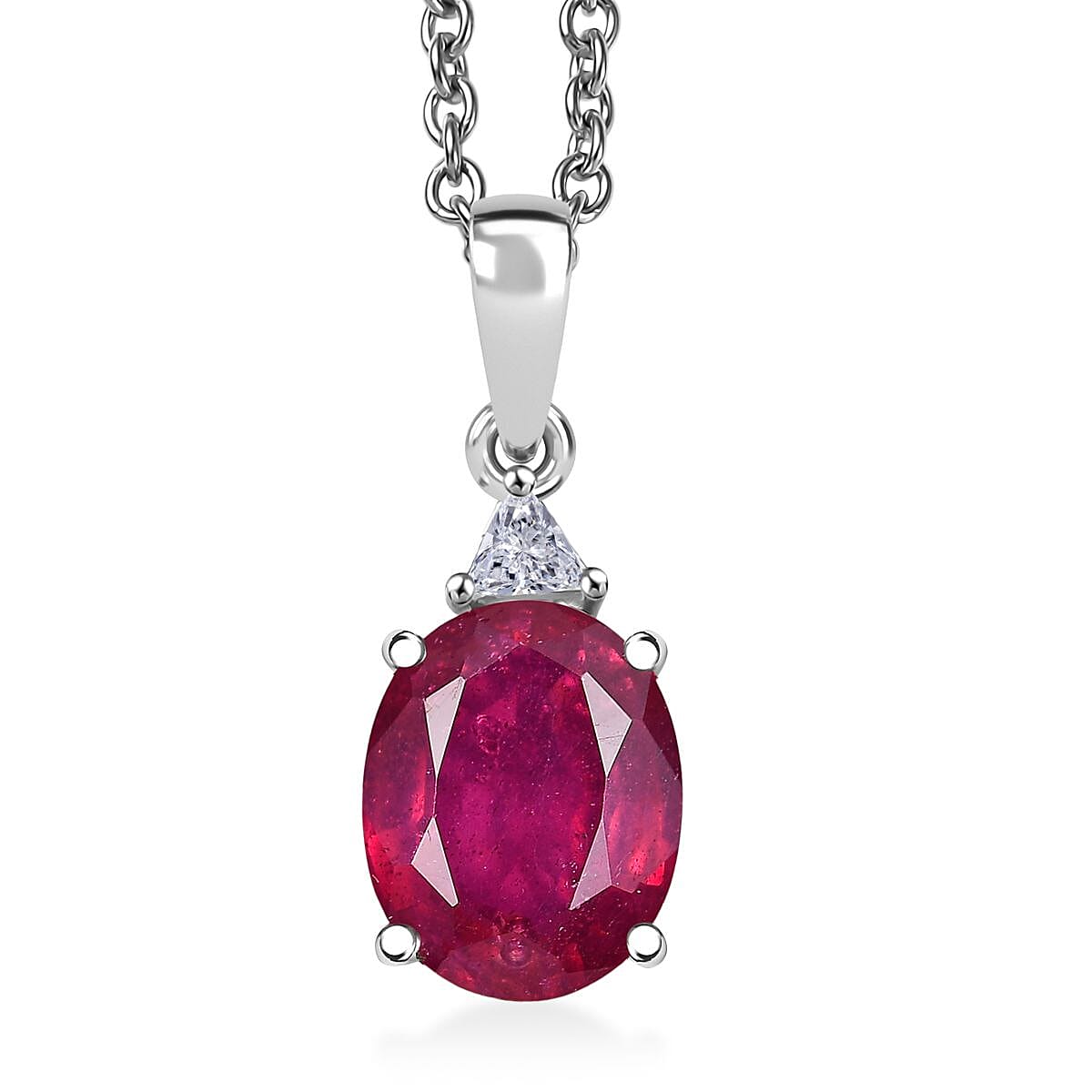 shop lc D'Joy Niassa Ruby (FF) and Moissanite 3.75 ctw Trinity of Elegance Pendant Necklace in Rhodium Over Sterling Silver 20 Inches