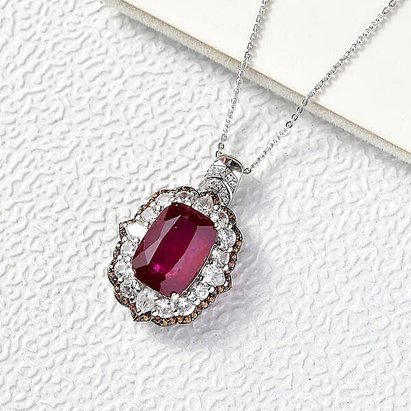 Shop Lc D'Joy Niassa Ruby (FF) And Multi Gemstone 14.90 Ctw Art Deco Pendant Necklace 20 Inches In Rhodium Over Sterling Silver