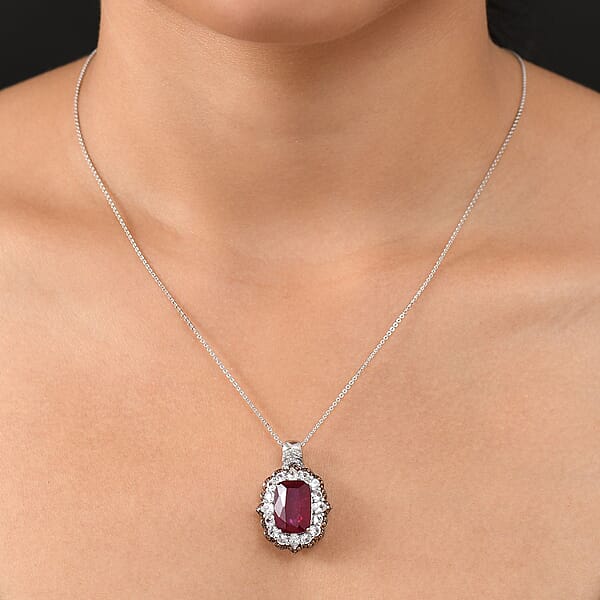 Shop Lc D'Joy Niassa Ruby (FF) And Multi Gemstone 14.90 Ctw Art Deco Pendant Necklace 20 Inches In Rhodium Over Sterling Silver