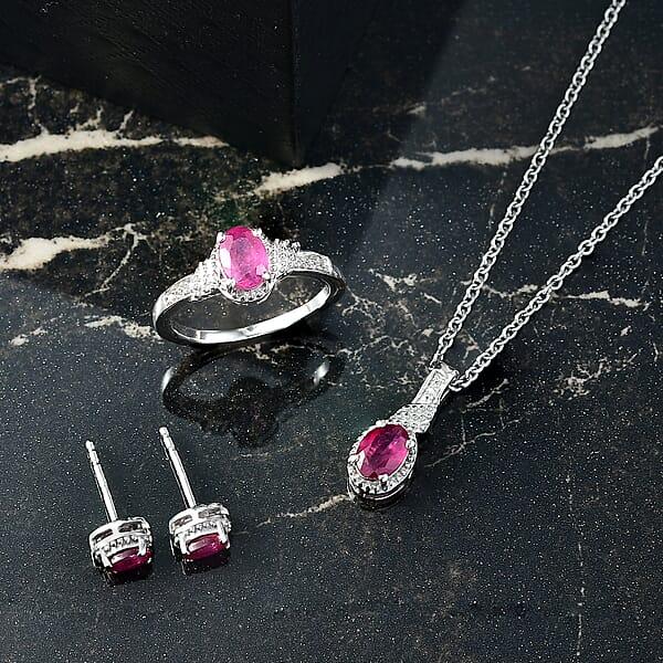Shop Lc D'Joy Niassa Ruby (FF) White Zircon 3.10 Ctw Sea Waves Stud Earrings Ring And Pendant Necklace 20 Inches In Rhodium Over Sterling Silver