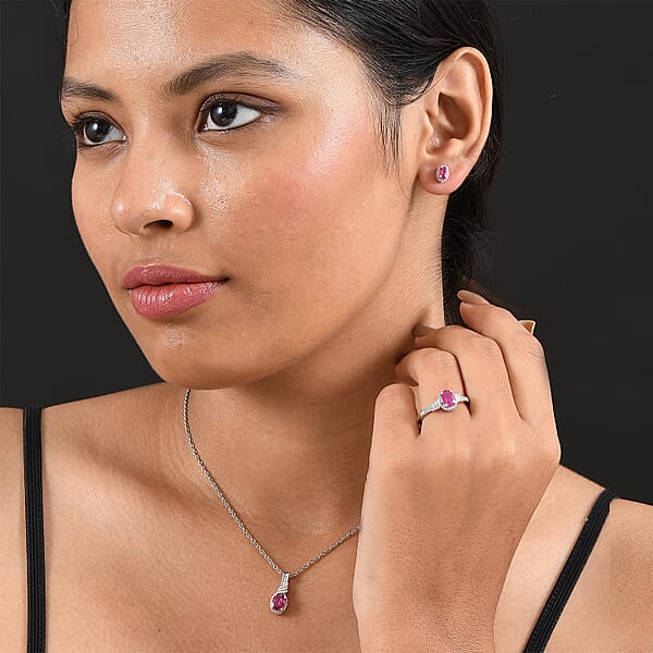 Shop Lc D'Joy Niassa Ruby (FF) White Zircon 3.10 Ctw Sea Waves Stud Earrings Ring And Pendant Necklace 20 Inches In Rhodium Over Sterling Silver