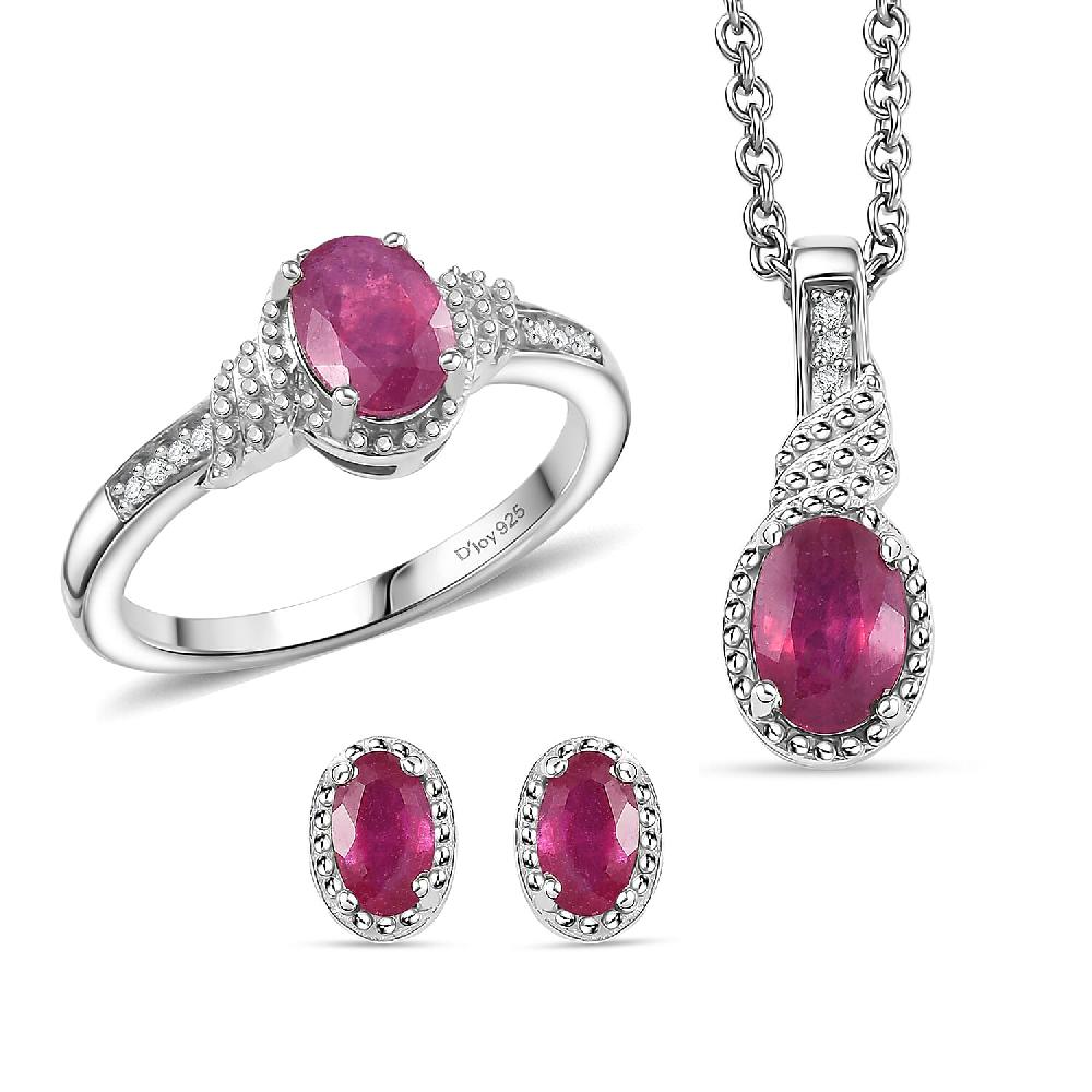 shop lc D'Joy Niassa Ruby (FF) White Zircon 3.10 ctw Sea Waves Stud Earrings Ring and Pendant Necklace 20 Inches in Rhodium Over Sterling Silver