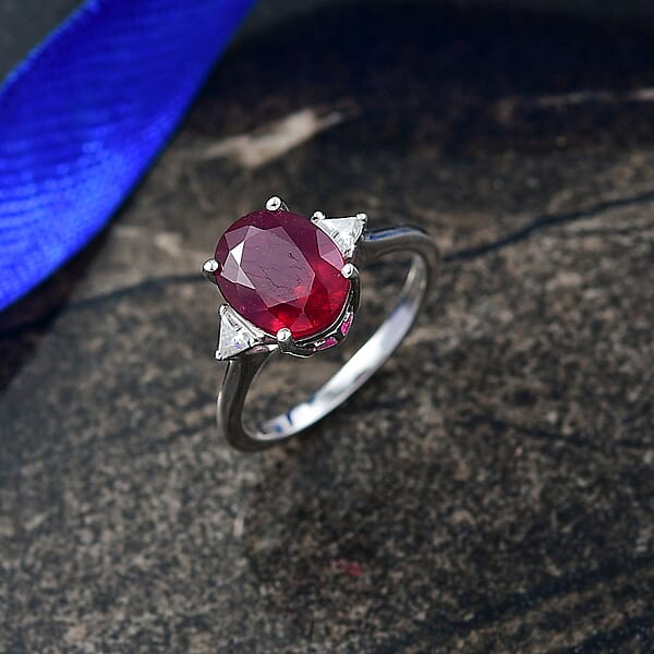 Shop Lc D'Joy Niassa Ruby Moissanite Trinity Ring In Rhodium Over Sterling Silver 4.00 Ctw