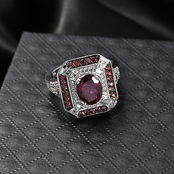 Shop Lc D'Joy Orissa Rhodolite Garnet And White Zircon 3.40 Ctw Art Deco Ring In Rhodium Over Sterling Silver