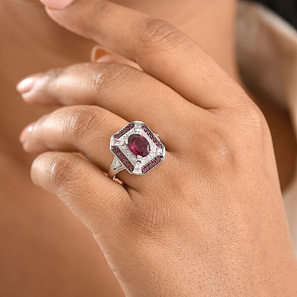 Shop Lc D'Joy Orissa Rhodolite Garnet And White Zircon 3.40 Ctw Art Deco Ring In Rhodium Over Sterling Silver