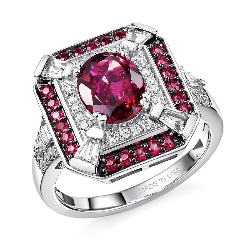 shop lc D'Joy Orissa Rhodolite Garnet and White Zircon 3.40 ctw Art Deco Ring in Rhodium Over Sterling Silver