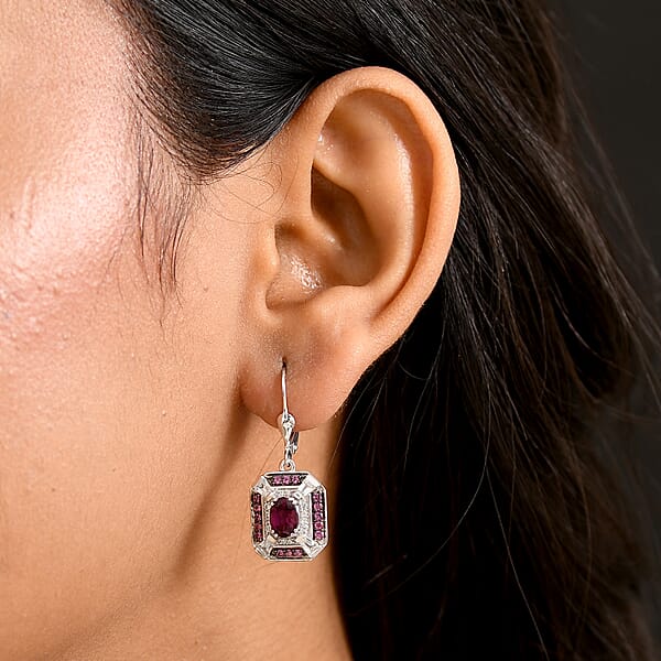 Shop Lc D'Joy Orissa Rhodolite Garnet And White Zircon 3.70 Ctw Art Deco Earrings In Rhodium Over Sterling Silver