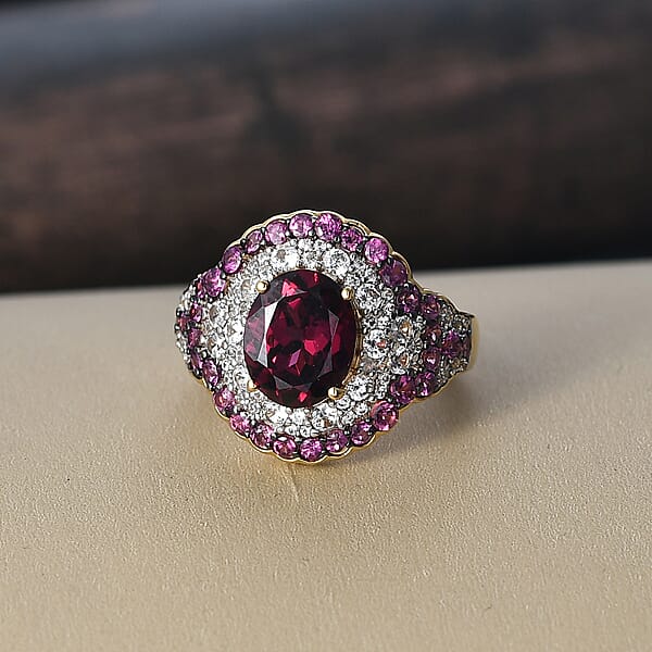 Shop Lc D'Joy Orissa Rhodolite Garnet And White Zircon 5.10 Ctw Classic Ornate Oval Ring In 18K Vermeil Yellow Gold Over Sterling Silver
