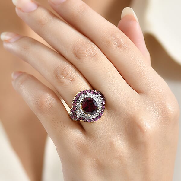 Shop Lc D'Joy Orissa Rhodolite Garnet And White Zircon 5.10 Ctw Classic Ornate Oval Ring In 18K Vermeil Yellow Gold Over Sterling Silver