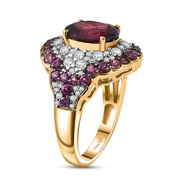 Shop Lc D'Joy Orissa Rhodolite Garnet And White Zircon 5.10 Ctw Classic Ornate Oval Ring In 18K Vermeil Yellow Gold Over Sterling Silver