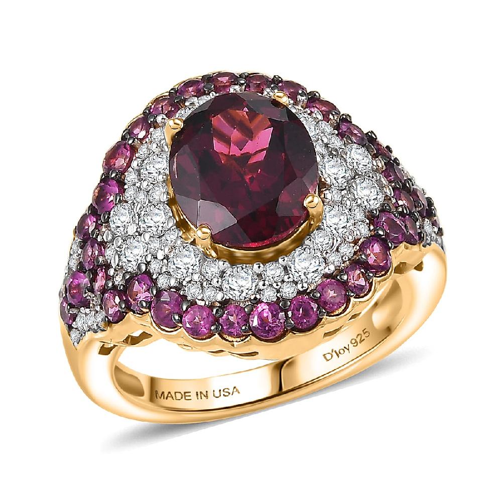 shop lc D'Joy Orissa Rhodolite Garnet and White Zircon 5.10 ctw Classic Ornate Oval Ring in 18K Vermeil Yellow Gold Over Sterling Silver