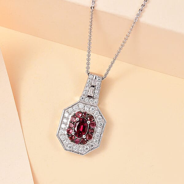 Shop Lc D'Joy Ouro Fino Rubellite And Moissanite 1.30 Ctw Art Deco Pendant Necklace In Rhodium Over Sterling Silver 20 Inches