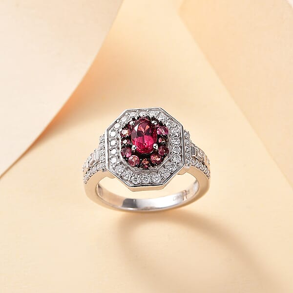 Shop Lc D'Joy Ouro Fino Rubellite And Moissanite 1.50 Ctw Art Deco Ring In Rhodium Over Sterling Silver