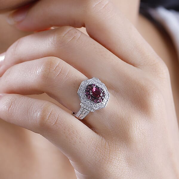 Shop Lc D'Joy Ouro Fino Rubellite And Moissanite 1.50 Ctw Art Deco Ring In Rhodium Over Sterling Silver