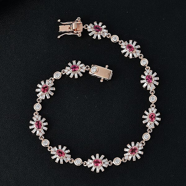 Shop Lc D'Joy Ouro Fino Rubellite And Moissanite 4.40 Ctw Floral Bracelet In 18K Vermeil Rose Gold Over Sterling Sil (7.25 In)