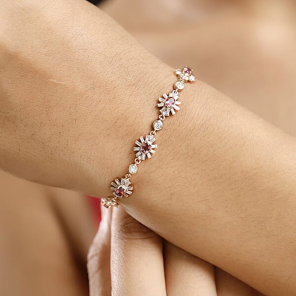 Shop Lc D'Joy Ouro Fino Rubellite And Moissanite 4.40 Ctw Floral Bracelet In 18K Vermeil Rose Gold Over Sterling Sil (7.25 In)