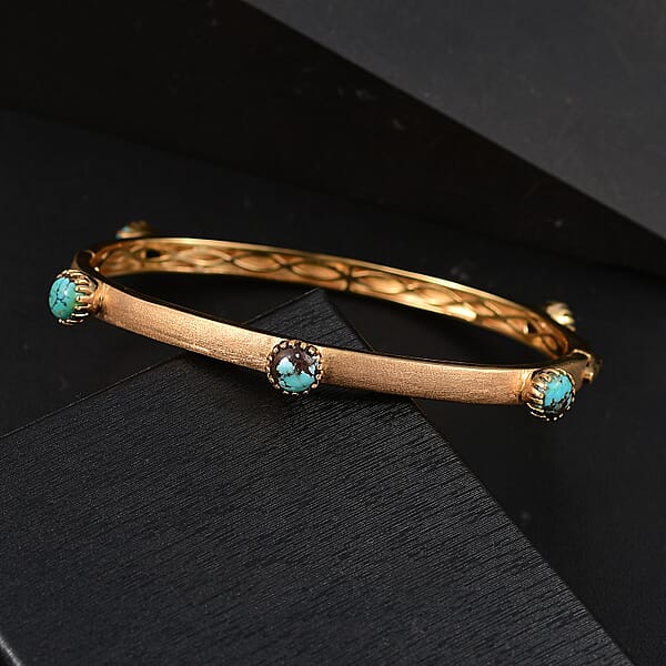Shop Lc D'Joy Passport To Turkey Blue Moon Turquoise 4.50 Ctw Textured Bangle Bracelet In 18K Vermeil Yellow Gold Over Sterling Silver (7.25 In)