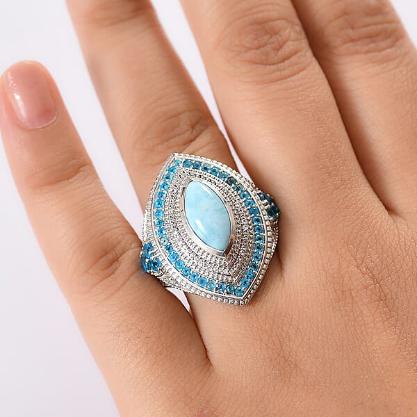 Shop Lc D'Joy Passport To Turkey Premium Larimar And Multi Gemstone 5.20 Ctw Evil Eye Ring In Rhodium Over Sterling Silver
