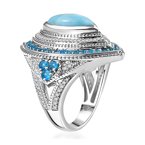 Shop Lc D'Joy Passport To Turkey Premium Larimar And Multi Gemstone 5.20 Ctw Evil Eye Ring In Rhodium Over Sterling Silver