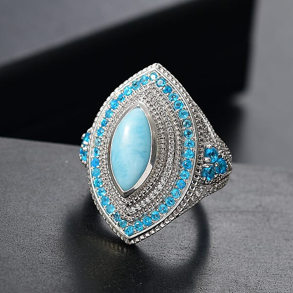 Shop Lc D'Joy Passport To Turkey Premium Larimar And Multi Gemstone 5.20 Ctw Evil Eye Ring In Rhodium Over Sterling Silver