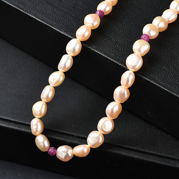 Shop Lc D'Joy Peach Freshwater Pearl And Ruby 2.00 Ctw Necklace In 18K Vermeil Yellow Gold Over Sterling Silver 18 Inches