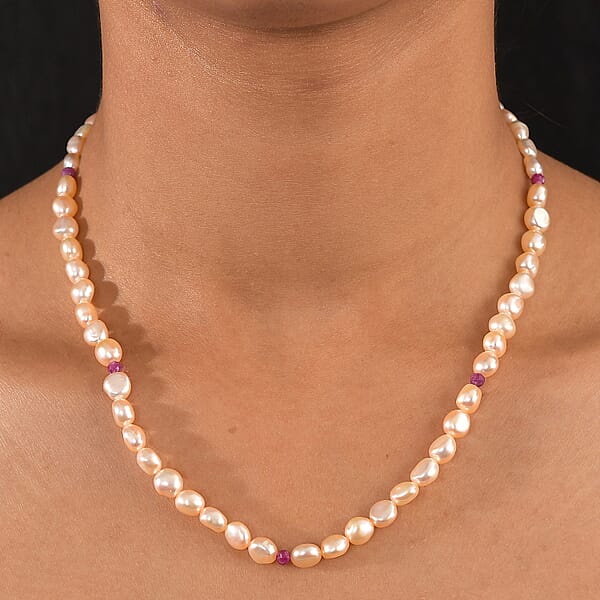 Shop Lc D'Joy Peach Freshwater Pearl And Ruby 2.00 Ctw Necklace In 18K Vermeil Yellow Gold Over Sterling Silver 18 Inches
