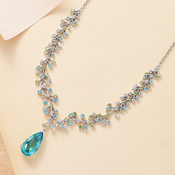 Shop Lc D'Joy Peacock Quartz (Triplet) And Multi Gemstone 27.00 Ctw Garden Oasis Necklace In Rhodium Over Sterling Silver 18-20 Inches