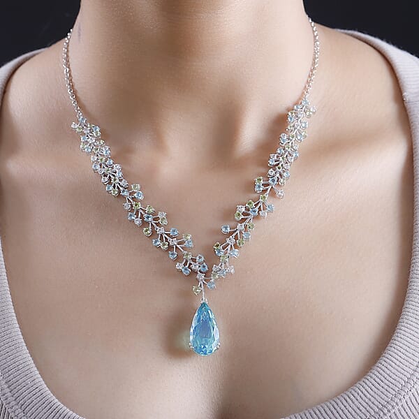 Shop Lc D'Joy Peacock Quartz (Triplet) And Multi Gemstone 27.00 Ctw Garden Oasis Necklace In Rhodium Over Sterling Silver 18-20 Inches