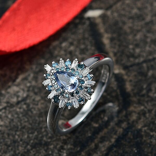 Shop Lc D'Joy Peacock Tanzanite Blue And White Diamond 0.75 Ctw Sunburst Halo Ring In Rhodium Over Sterling Silver