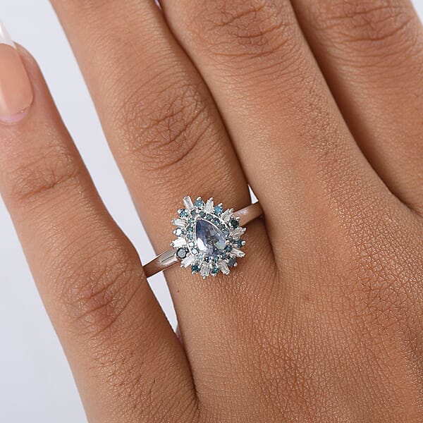 Shop Lc D'Joy Peacock Tanzanite Blue And White Diamond 0.75 Ctw Sunburst Halo Ring In Rhodium Over Sterling Silver