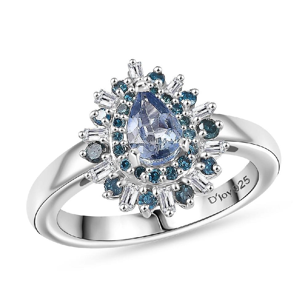 shop lc D'Joy Peacock Tanzanite Blue and White Diamond 0.75 ctw Sunburst Halo Ring in Rhodium Over Sterling Silver