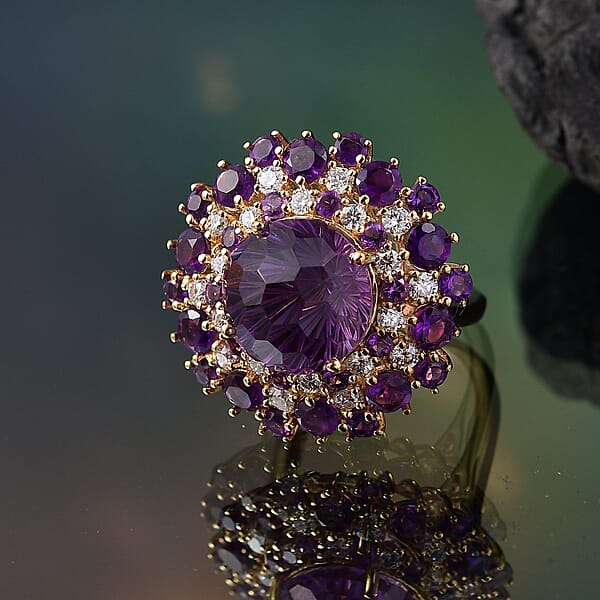 Shop Lc D'Joy Premium African Amethyst Moissanite Starbust Ring In 18K Vermeil YG Over Sterling Silver 10.40 Ctw