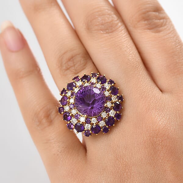 Shop Lc D'Joy Premium African Amethyst Moissanite Starbust Ring In 18K Vermeil YG Over Sterling Silver 10.40 Ctw