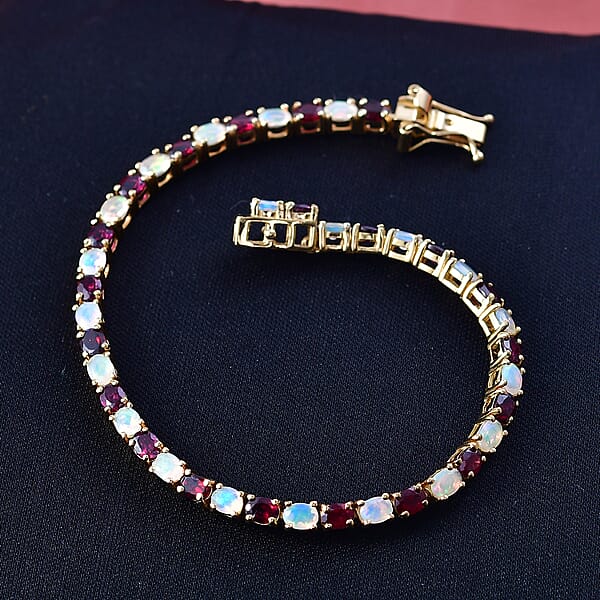 Shop Lc D'Joy Premium Anthill Garnet And Ethiopian Welo Opal 6.40 Ctw Heart Of Earth & Light Bracelet In 18K Vermeil Yellow Gold Over Sterling Silver (7.25 In)