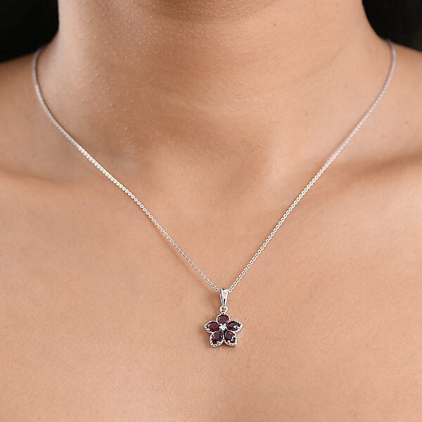 Shop Lc D'Joy Premium Anthill Garnet And Moissanite 1.00 Ctw Flower Pendant Necklace 20 Inches In Rhodium Over Sterling Silver (Del. In 5-7 Days)