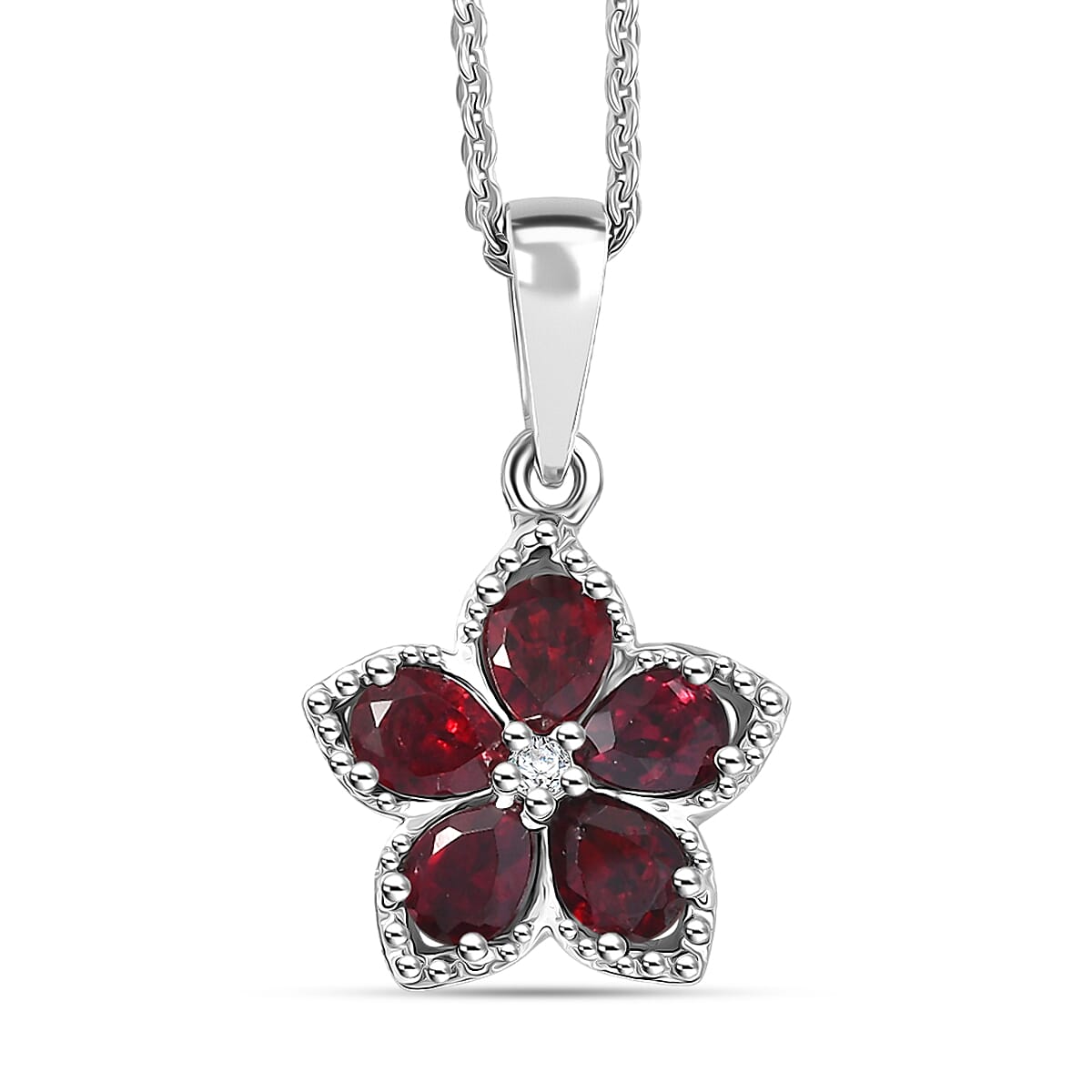 shop lc D'Joy Premium Anthill Garnet and Moissanite 1.00 ctw Flower Pendant Necklace 20 Inches in Rhodium Over Sterling Silver (Del. in 5-7 Days)