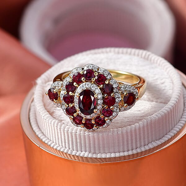 Shop Lc D'Joy Premium Anthill Garnet And Moissanite 2.40 Ctw Crimson Bloom Ring In 18K Vermeil Yellow Gold Over Sterling Silver