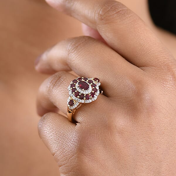 Shop Lc D'Joy Premium Anthill Garnet And Moissanite 2.40 Ctw Crimson Bloom Ring In 18K Vermeil Yellow Gold Over Sterling Silver