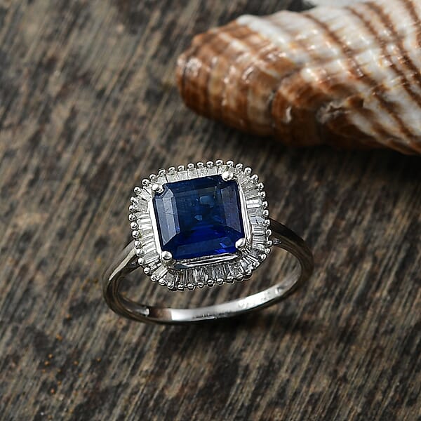 Shop Lc D'Joy Premium Asscher Cut Kashmir Kyanite And Diamond 3.35 Ctw Stargate Majesty Ring In Rhodium Over Sterling Silver