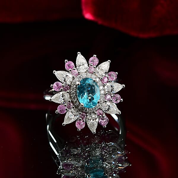 Shop Lc D'Joy Premium Betroka Blue Apatite And Multi Gemstone 3.70 Ctw Floral Ring In Rhodium Over Sterling Silver