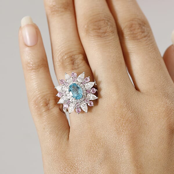 Shop Lc D'Joy Premium Betroka Blue Apatite And Multi Gemstone 3.70 Ctw Floral Ring In Rhodium Over Sterling Silver