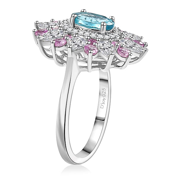 Shop Lc D'Joy Premium Betroka Blue Apatite And Multi Gemstone 3.70 Ctw Floral Ring In Rhodium Over Sterling Silver