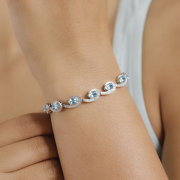 Shop Lc D'Joy Premium Betroka Blue Apatite And White Zircon 6.80 Ctw Sea Waves Bracelet In Rhodium Over Sterling Silver (6.50 In)