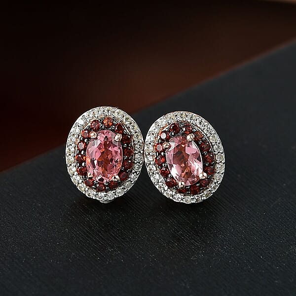 Shop Lc D'Joy Premium Blush Tourmaline White And Chocolate Zircon 1.75 Ctw Gilded Bloom Earrings In 18K Vermeil Rose Gold Over Sterling Silver