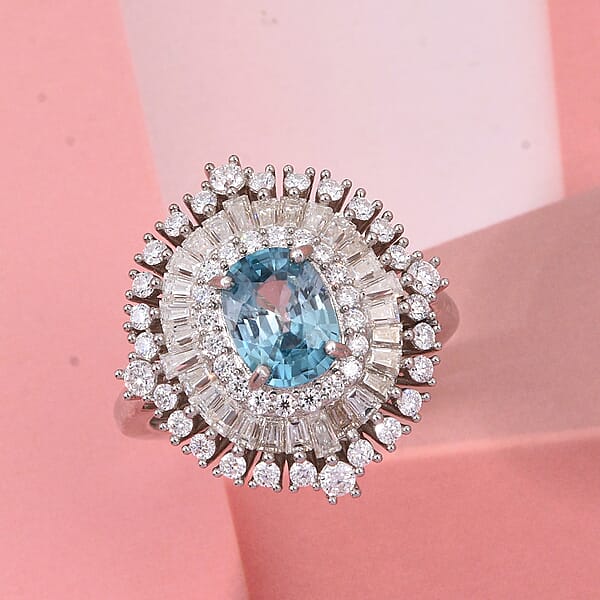 Shop Lc D'Joy Premium Cambodian Blue Zircon And Moissanite 3.50 Ctw Regal Halo Ring In Rhodium Over Sterling Silver