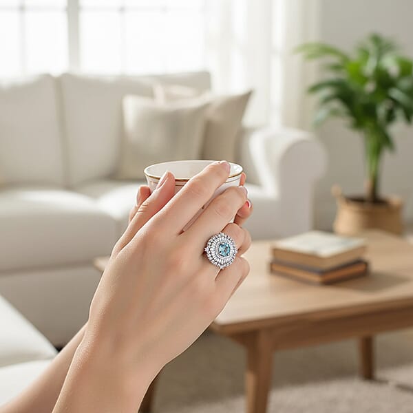 Shop Lc D'Joy Premium Cambodian Blue Zircon And Moissanite 3.50 Ctw Regal Halo Ring In Rhodium Over Sterling Silver