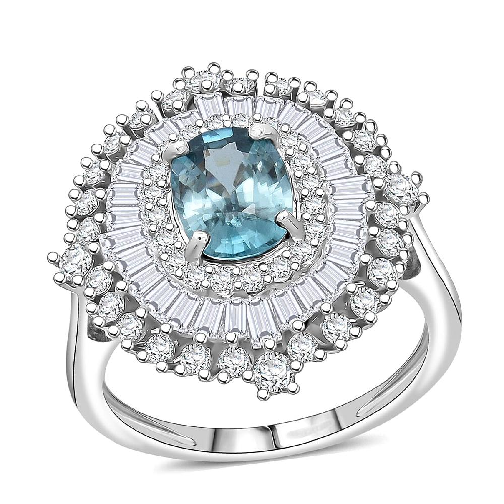 shop lc D'Joy Premium Cambodian Blue Zircon and Moissanite 3.50 ctw Regal Halo Ring in Rhodium Over Sterling Silver