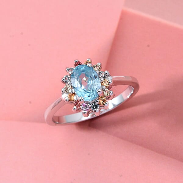Shop Lc D'Joy Premium Cambodian Blue Zircon And Multi Sapphire 1.50 Ctw Royal Bloom Ring In Rhodium Over Sterling Silver