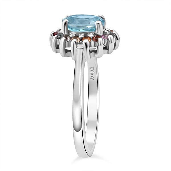 Shop Lc D'Joy Premium Cambodian Blue Zircon And Multi Sapphire 1.50 Ctw Royal Bloom Ring In Rhodium Over Sterling Silver